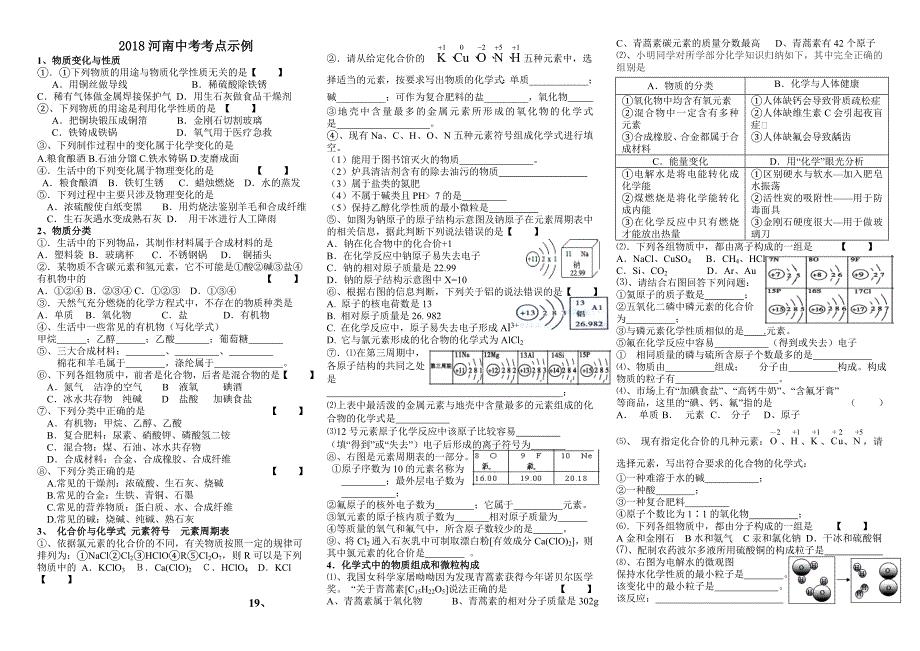 2018河南中考化学考点示例
