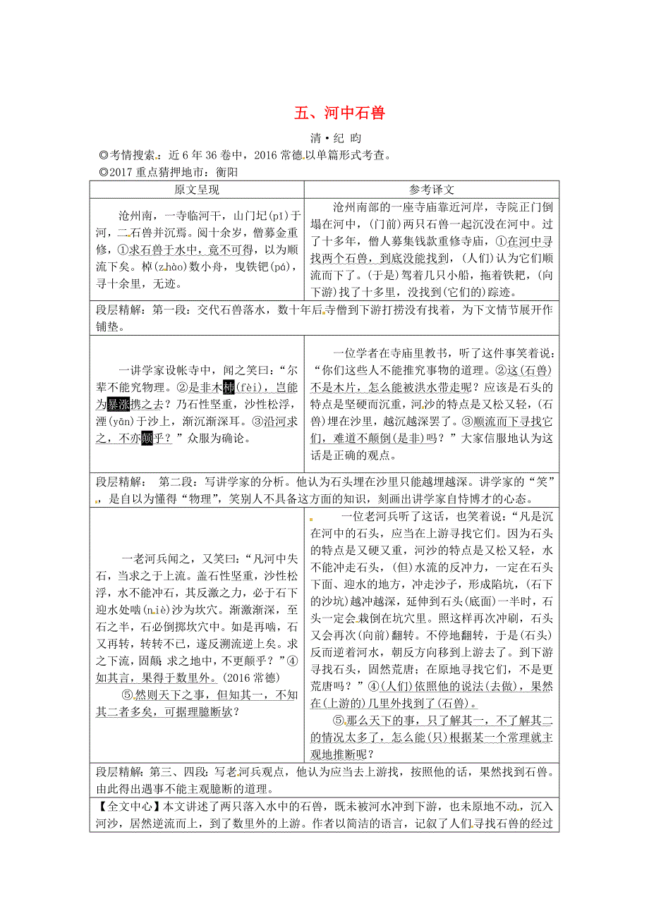 【严选】湖南中考语文 古诗文阅读专题一文言文阅读五河中石兽素材语文版湖南省中考语文_第1页