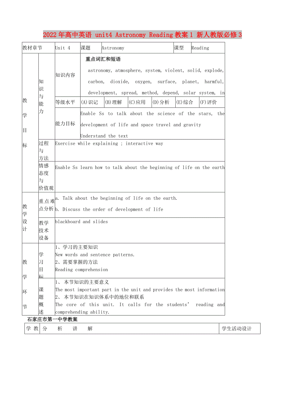 2022年高中英语 unit4 Astronomy Reading教案1 新人教版必修3_第1页