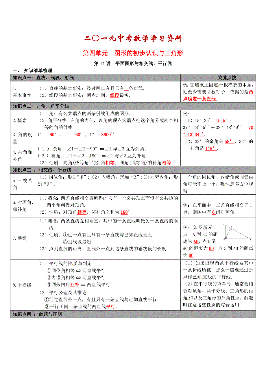 【冀教版】中考数学：知识清单梳理 第14讲平面图形与相交线、平行线_第1页