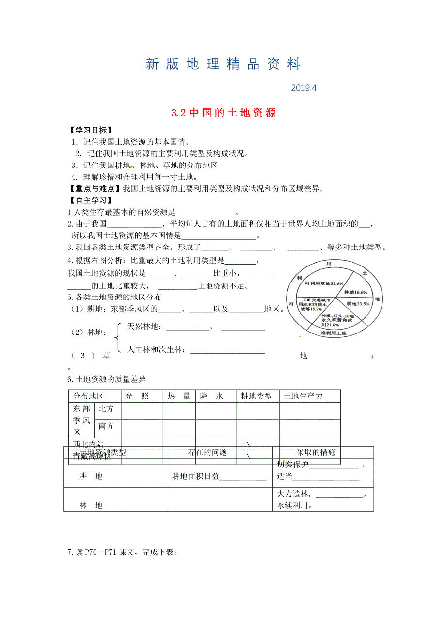 新版山东省泰安市岱岳区徂徕镇第一中学八年级地理上册 3.2 中国的土地资源学案答案不全新版湘教版_第1页