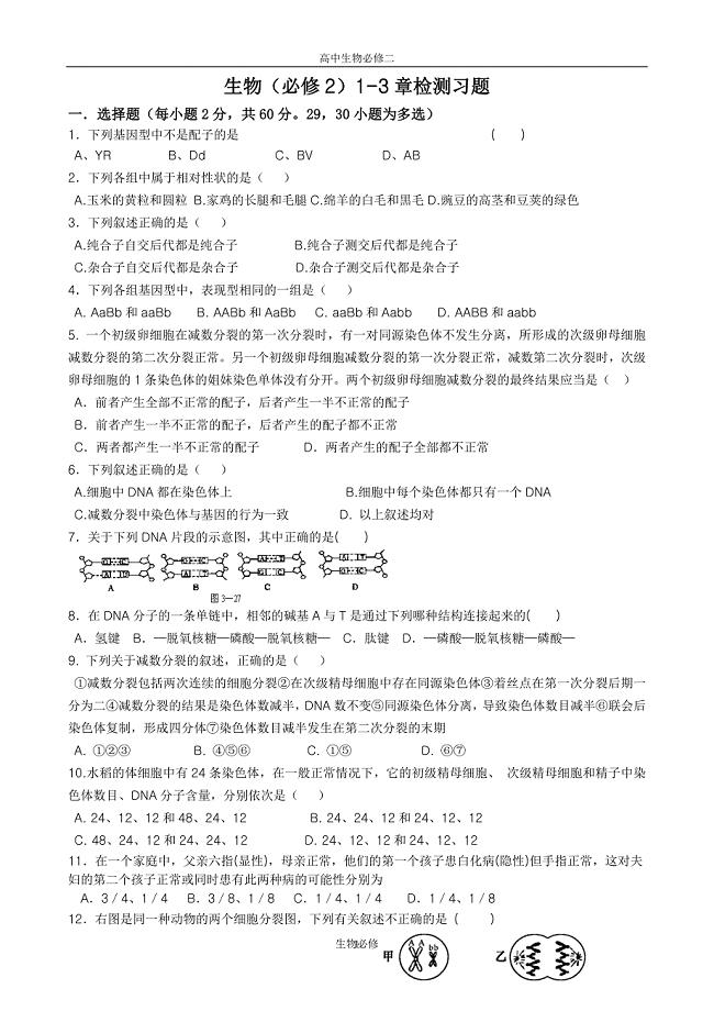 人教版试题试卷高一生物必修二1-4章试题.doc