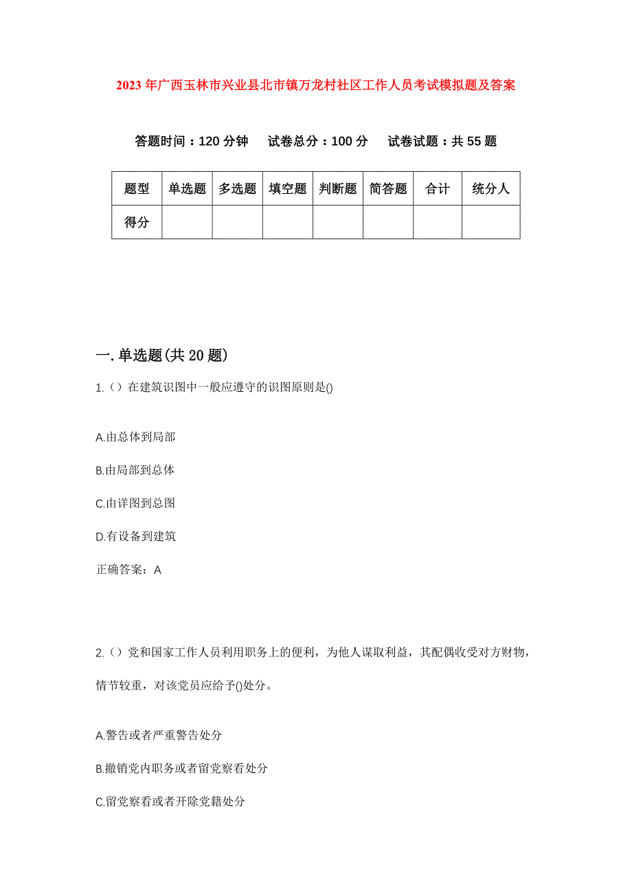 2023年广西玉林市兴业县北市镇万龙村社区工作人员考试模拟题及答案_第1页