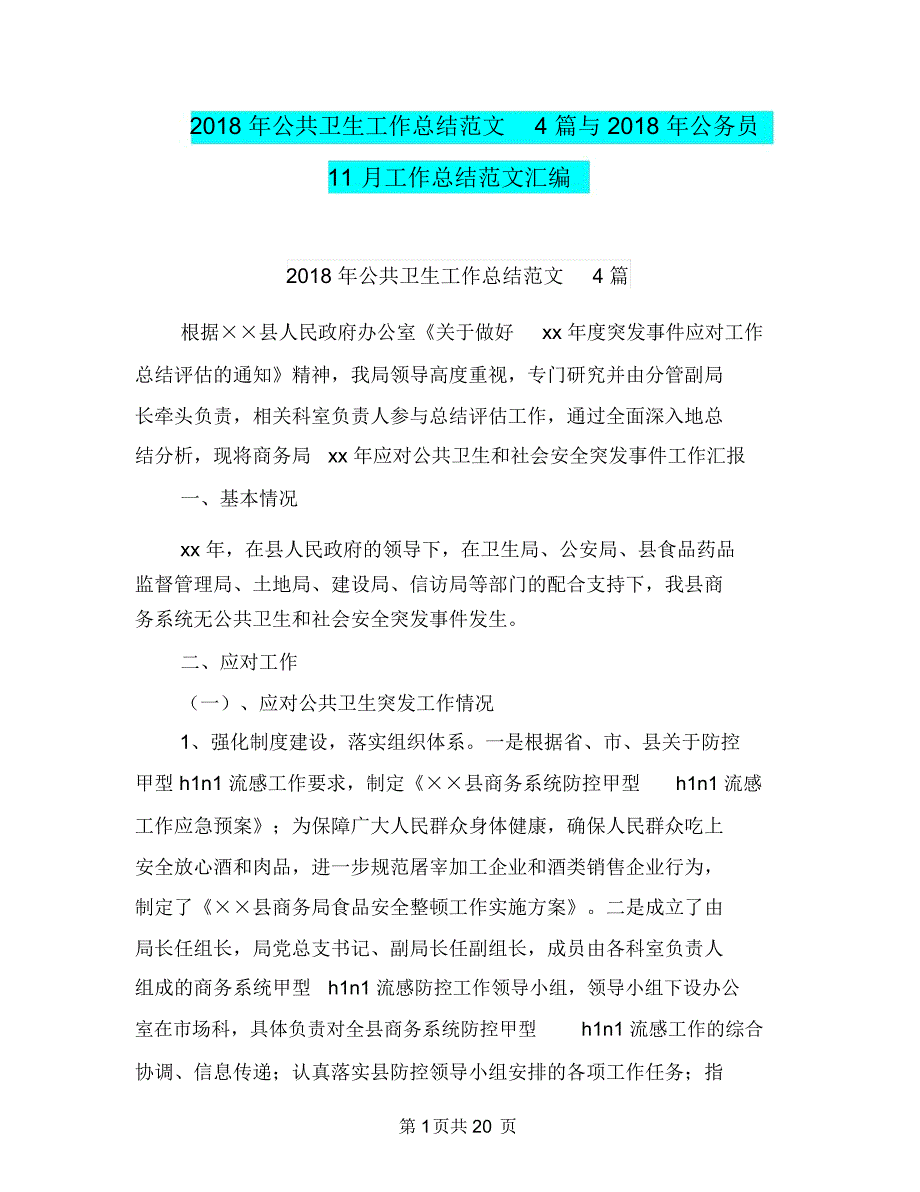 2018年公共卫生工作总结范文4篇与2018年公务员11月工作总结范文汇编_第1页