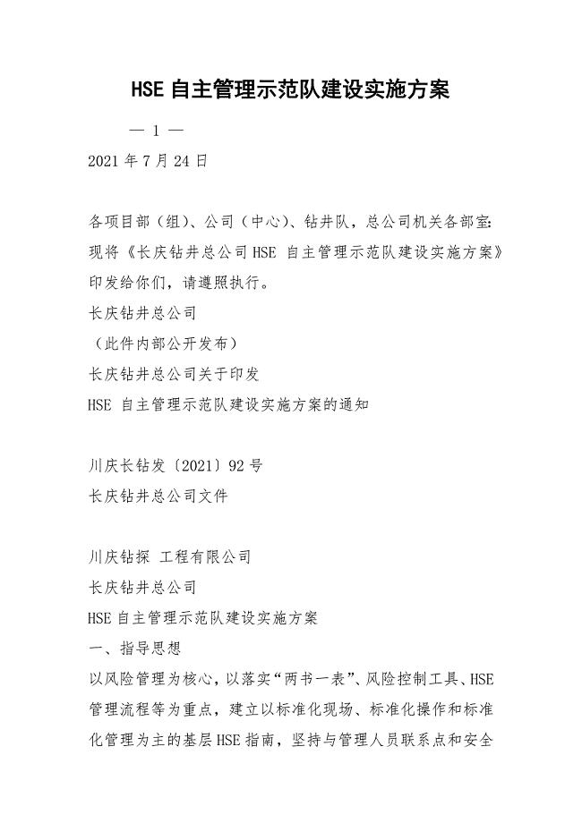 HSE自主管理示范队建设实施方案