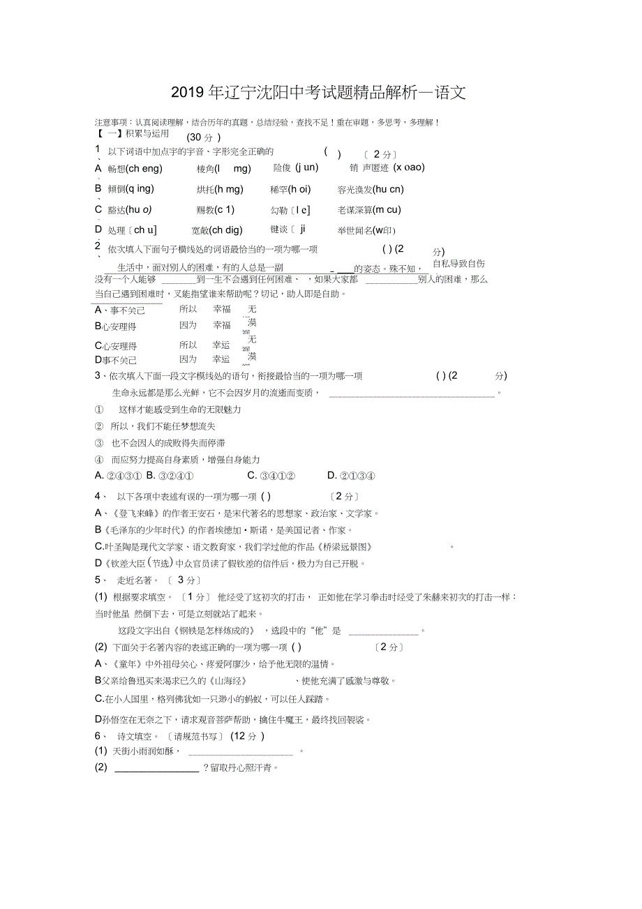 2019年辽宁沈阳中考试题解析—语文_第1页