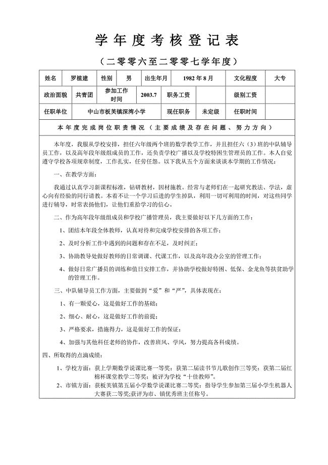 学年度考核登记表