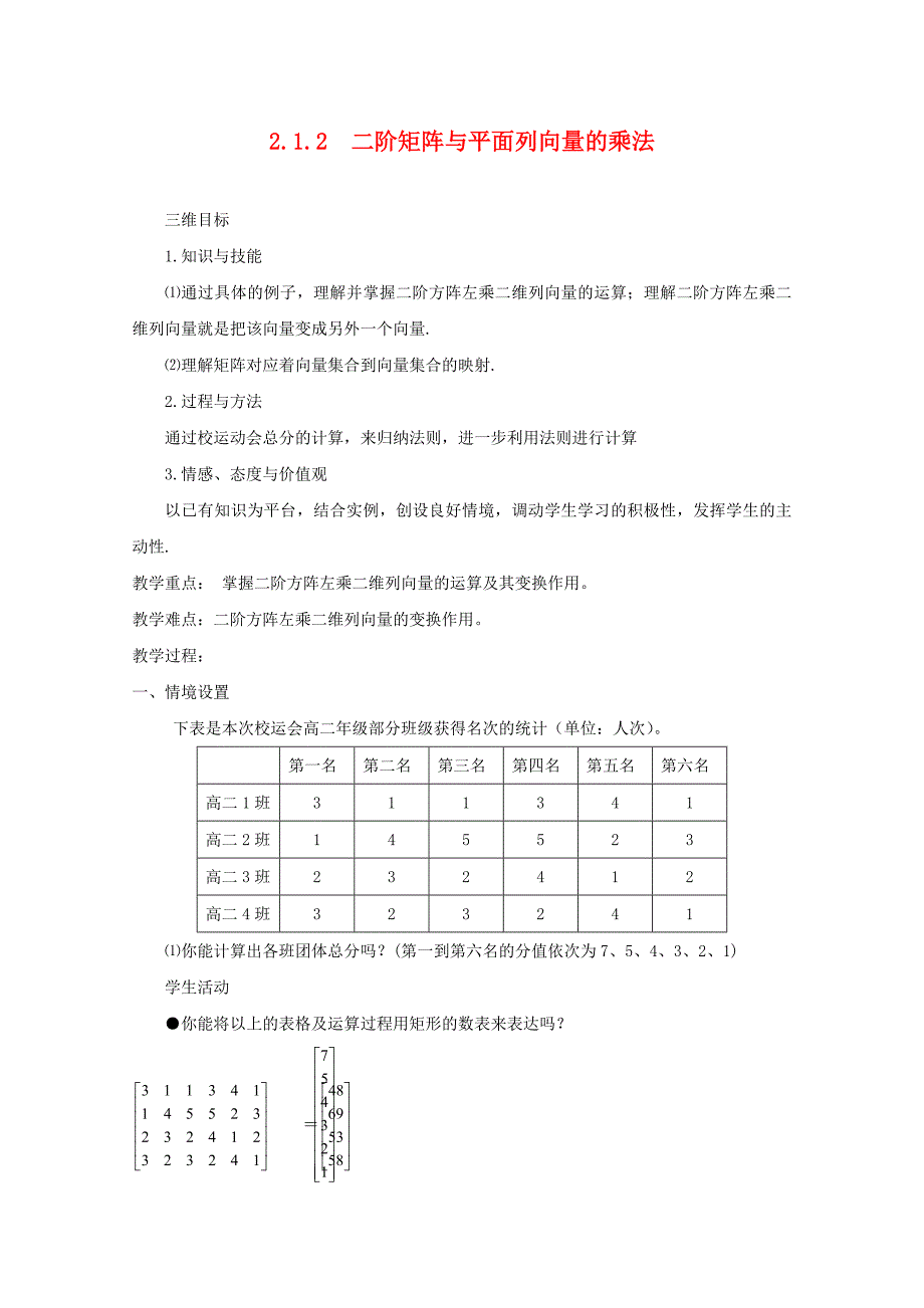 江苏省涟水县高中数学 第二章 矩阵与变换 2.1.2 二阶矩阵与平面列向量的乘法导学案（无答案）苏教版选修4-2（通用）_第1页