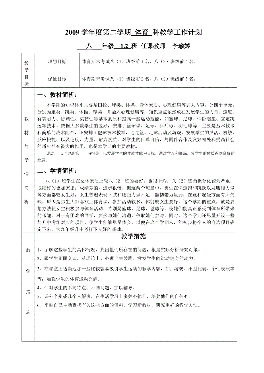 2009学年第二学期八年级体育教学计划（李瑜婷）_第1页