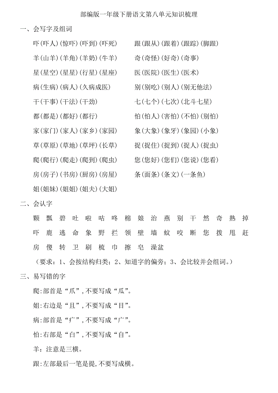 部编版一年级下册语文第八单元知识梳理_第1页