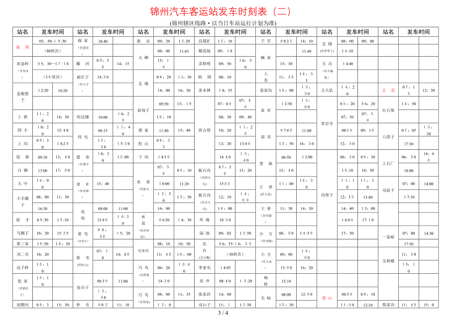 锦州汽车客运站发车时刻表（一）_第3页