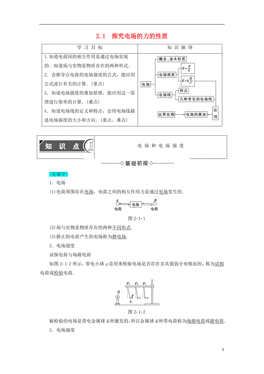 高中物理第2章电场与示波器2.1探究电场的力的性质学案沪科版选修_第1页