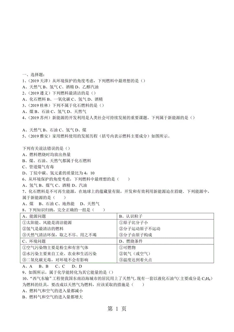 最新人教版九年级化学第七单元课题2燃料的合理利用与开发基础练习(word版无答案)_第1页