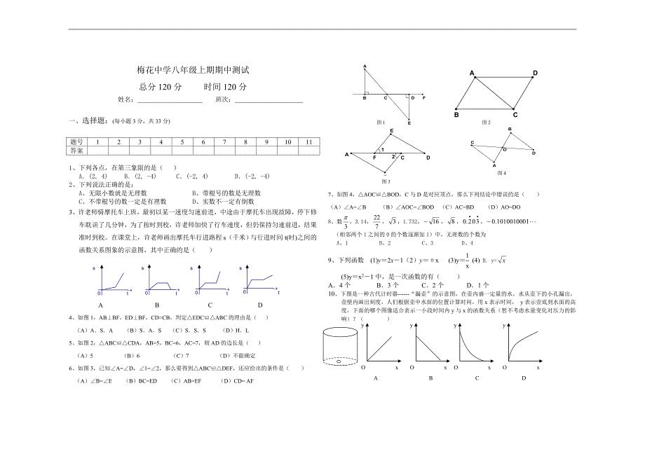 梅花中学2011年八年级上期期中测试