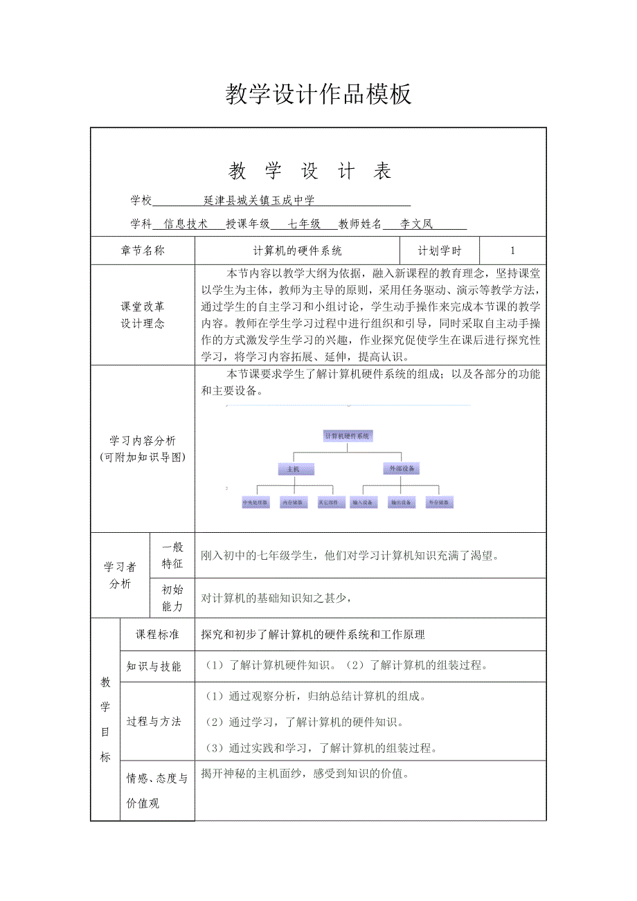 计算机硬件系统组成教学设计模板.doc_第1页