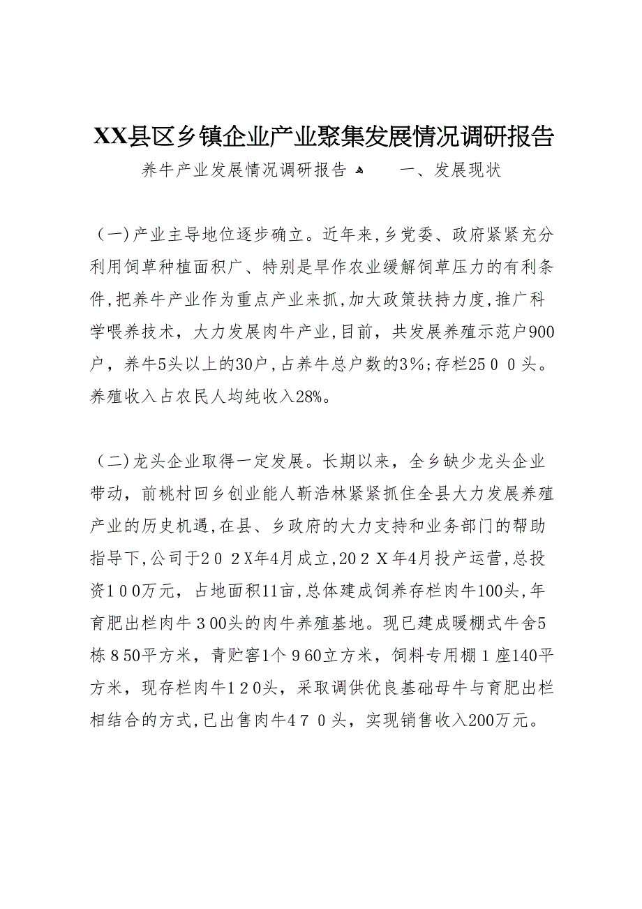 县区乡镇企业产业聚集发展情况调研报告_第1页