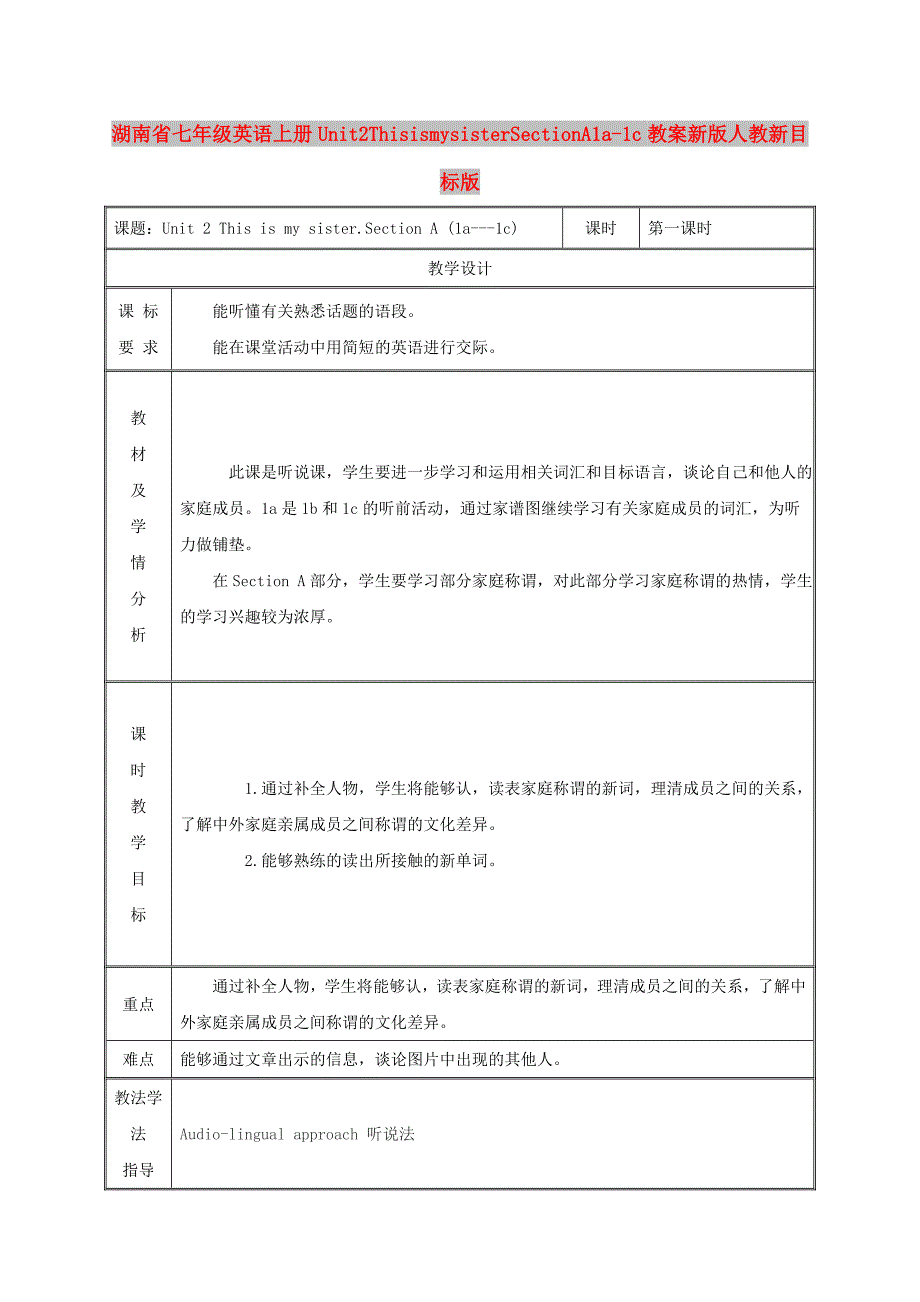 湖南省七年级英语上册Unit2ThisismysisterSectionA1a-1c教案新版人教新目标版_第1页