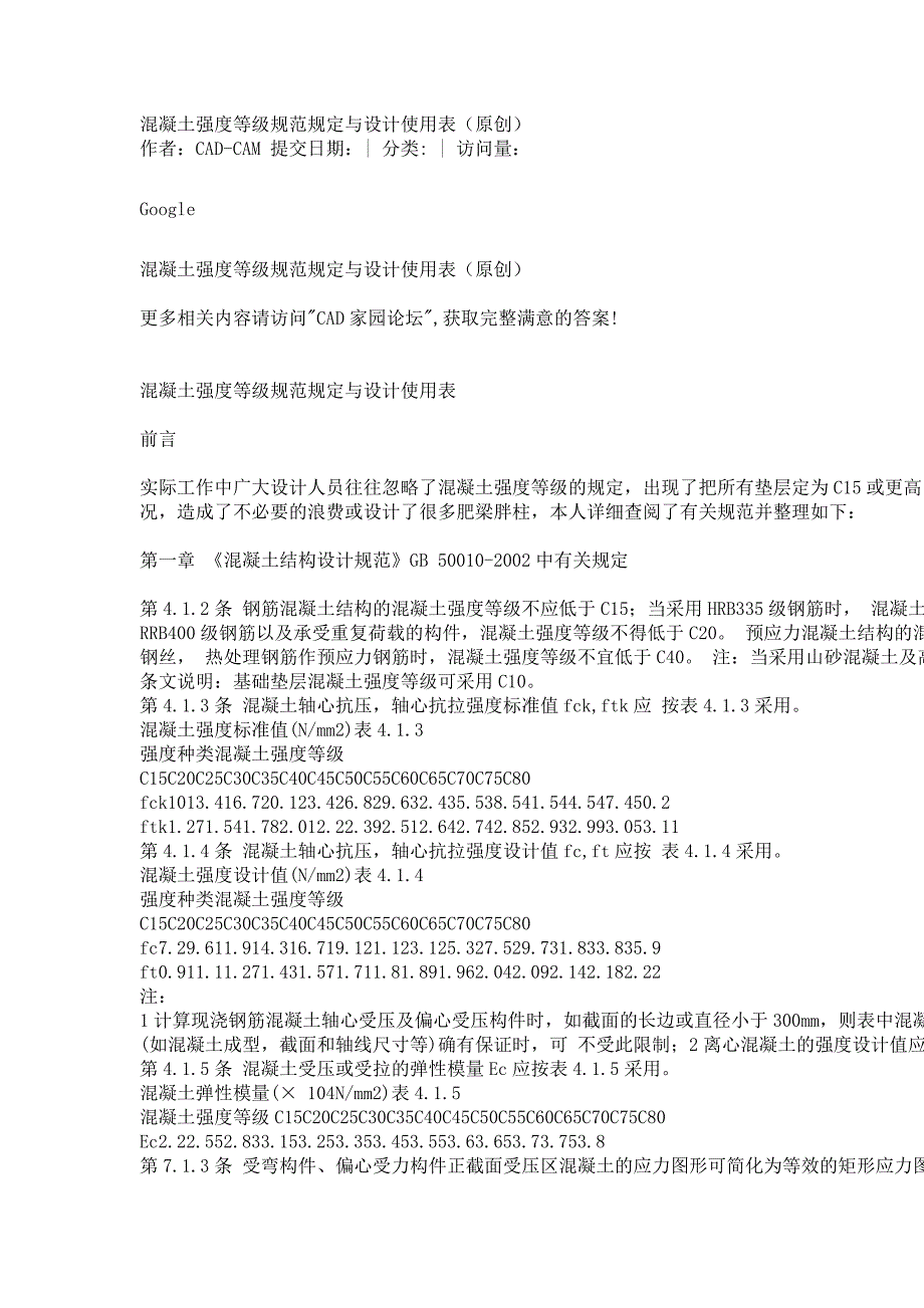 混凝土强度等级规范规定与设计使用表_第1页