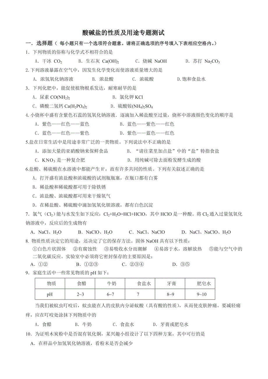 酸碱盐专题练习及答案_第1页