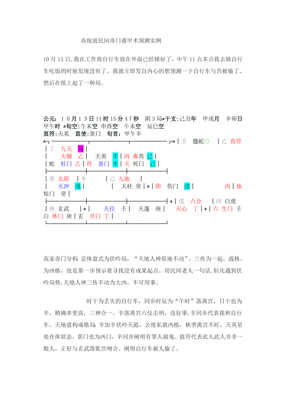 高俊波先生民间奇门遁甲术预测实例_第1页