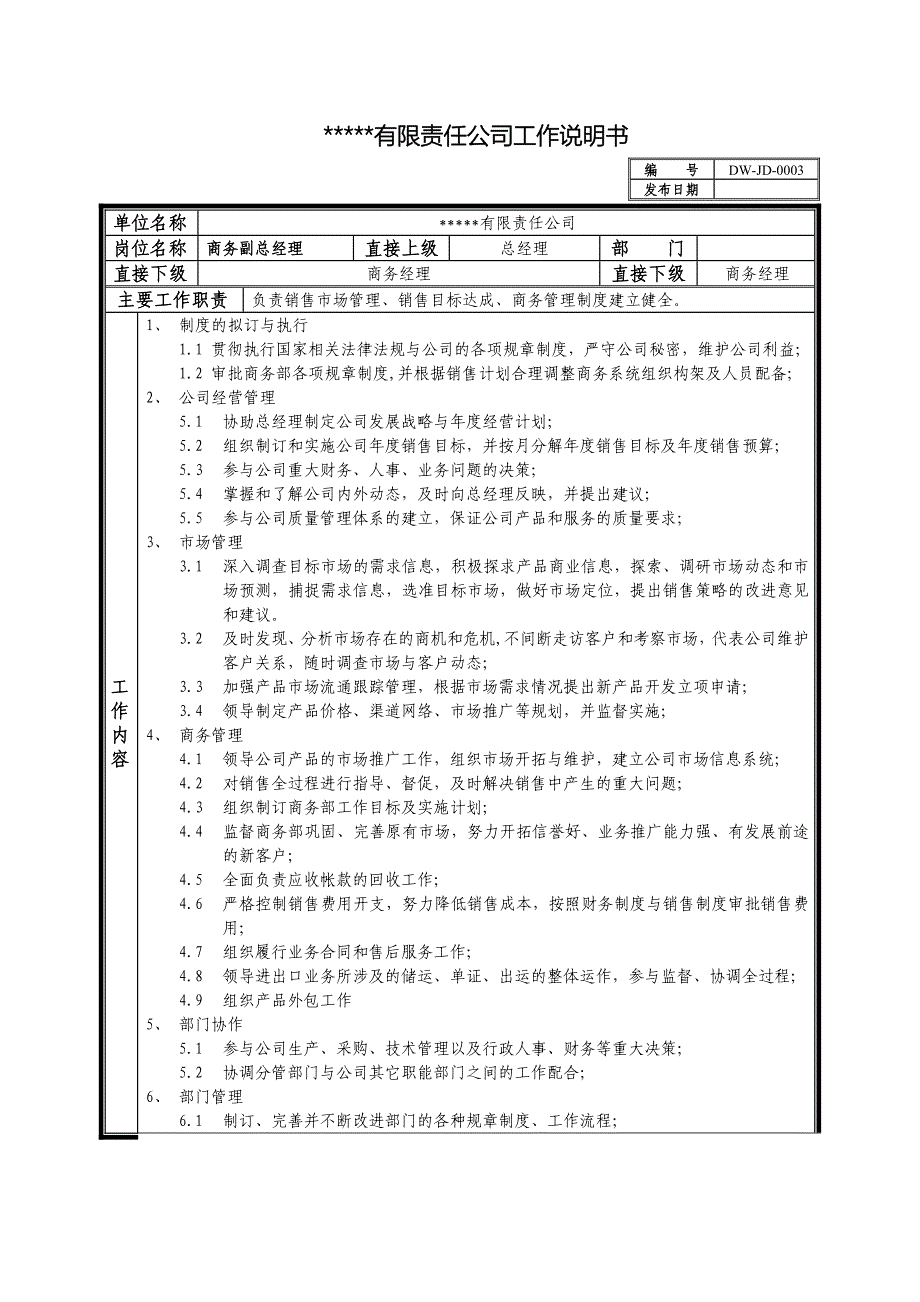 某中型制造业商务副总岗位说明书及KPI指标_第1页