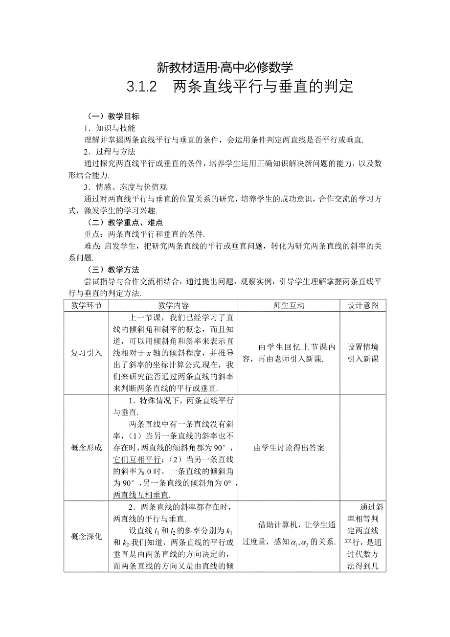 【最新教材】人教A版数学必修二3.1.2两条直线平行与垂直的判定教案设计_第1页