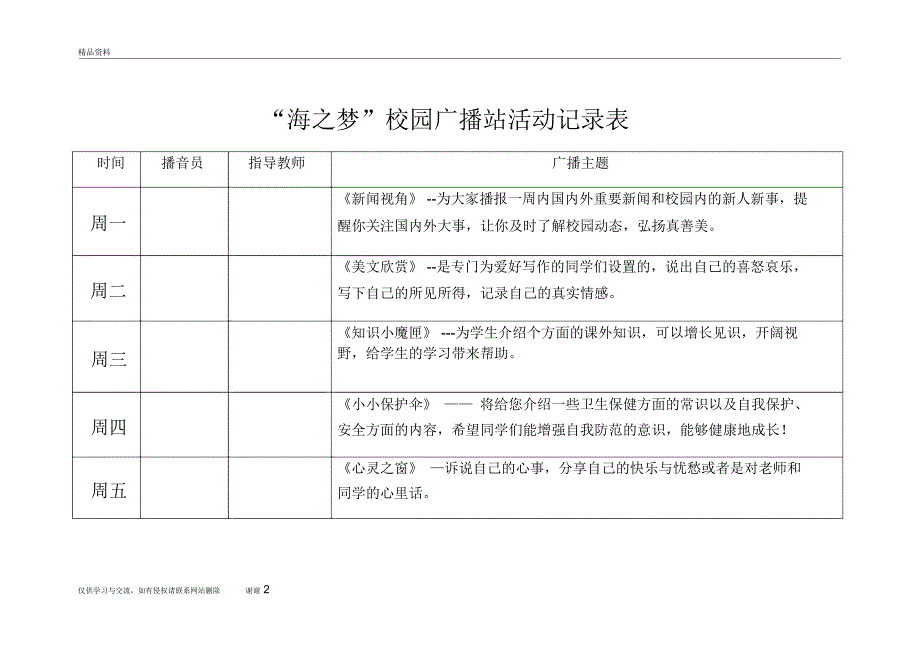 校园广播站活动记录表培训资料_第2页