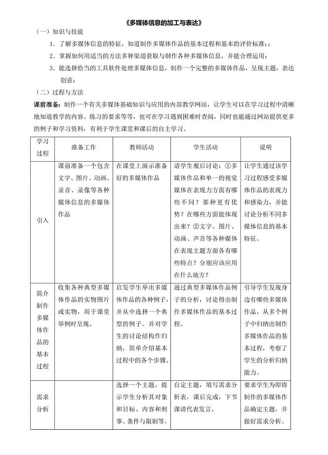 多媒体信息的加工与表达多媒体视频课堂教学设计方案.doc