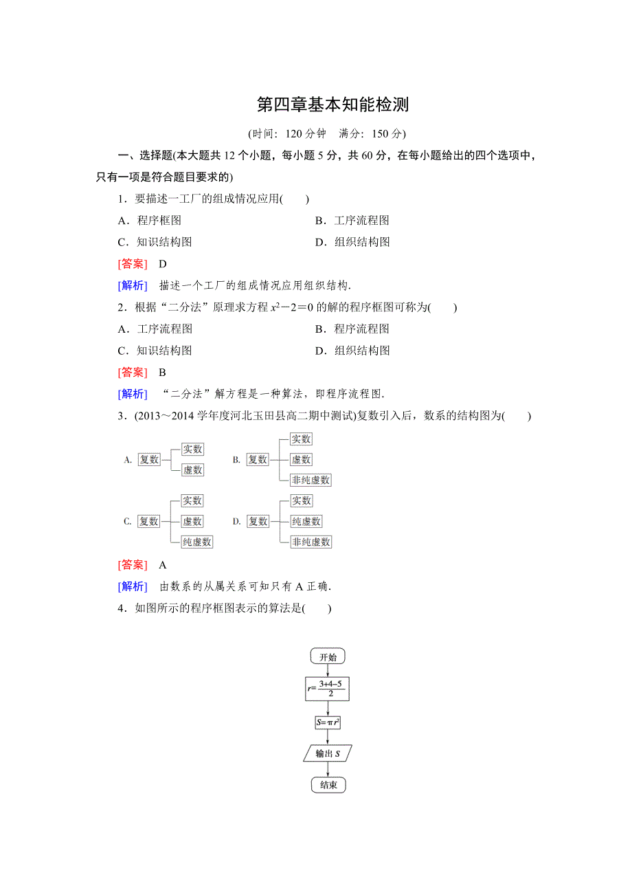 【最新】人教B版高中数学选修12：第四章框图基本知能检测含答案_第1页