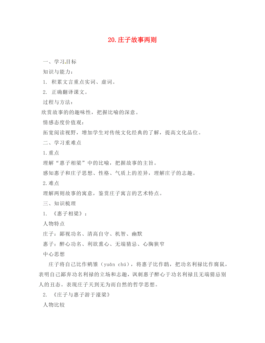 山东省肥城市王庄镇初级中学九年级语文下册20庄子故事两则导学案无答案新人教版_第1页