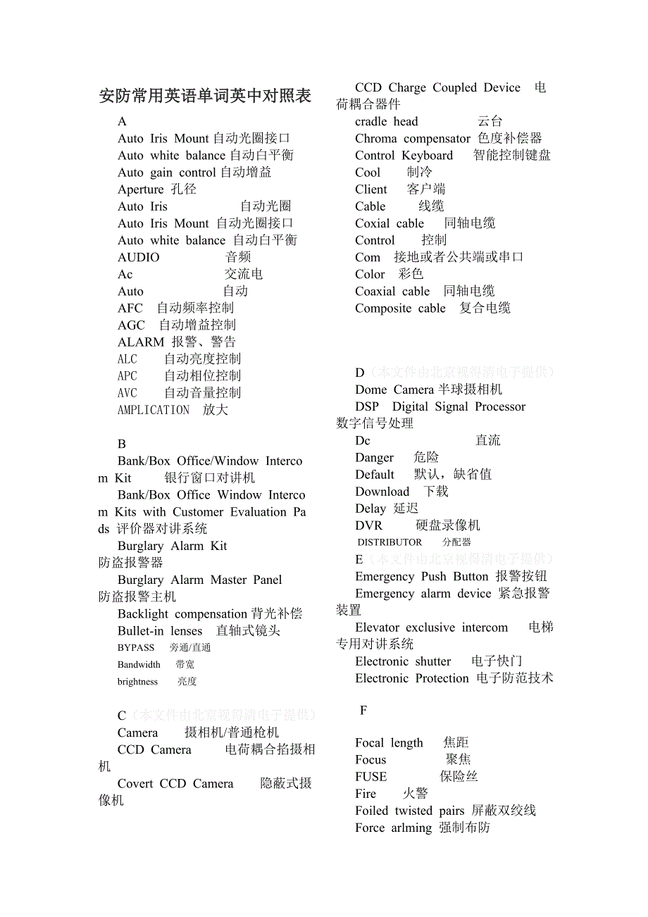安防常用英语单词英中对照表_第1页