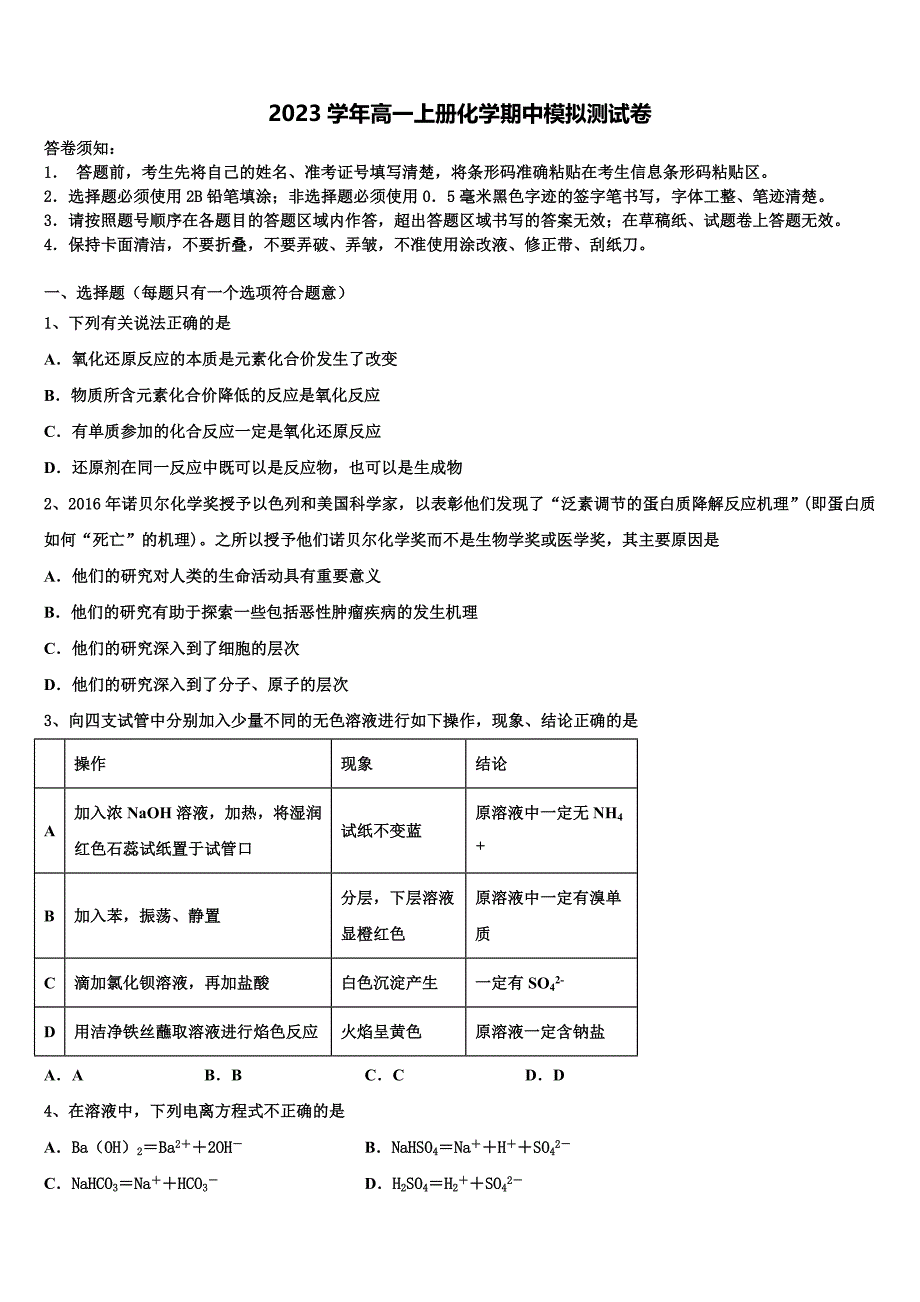 2023学年北京市陈经纶中学化学高一上册期中复习检测试题含解析.doc_第1页