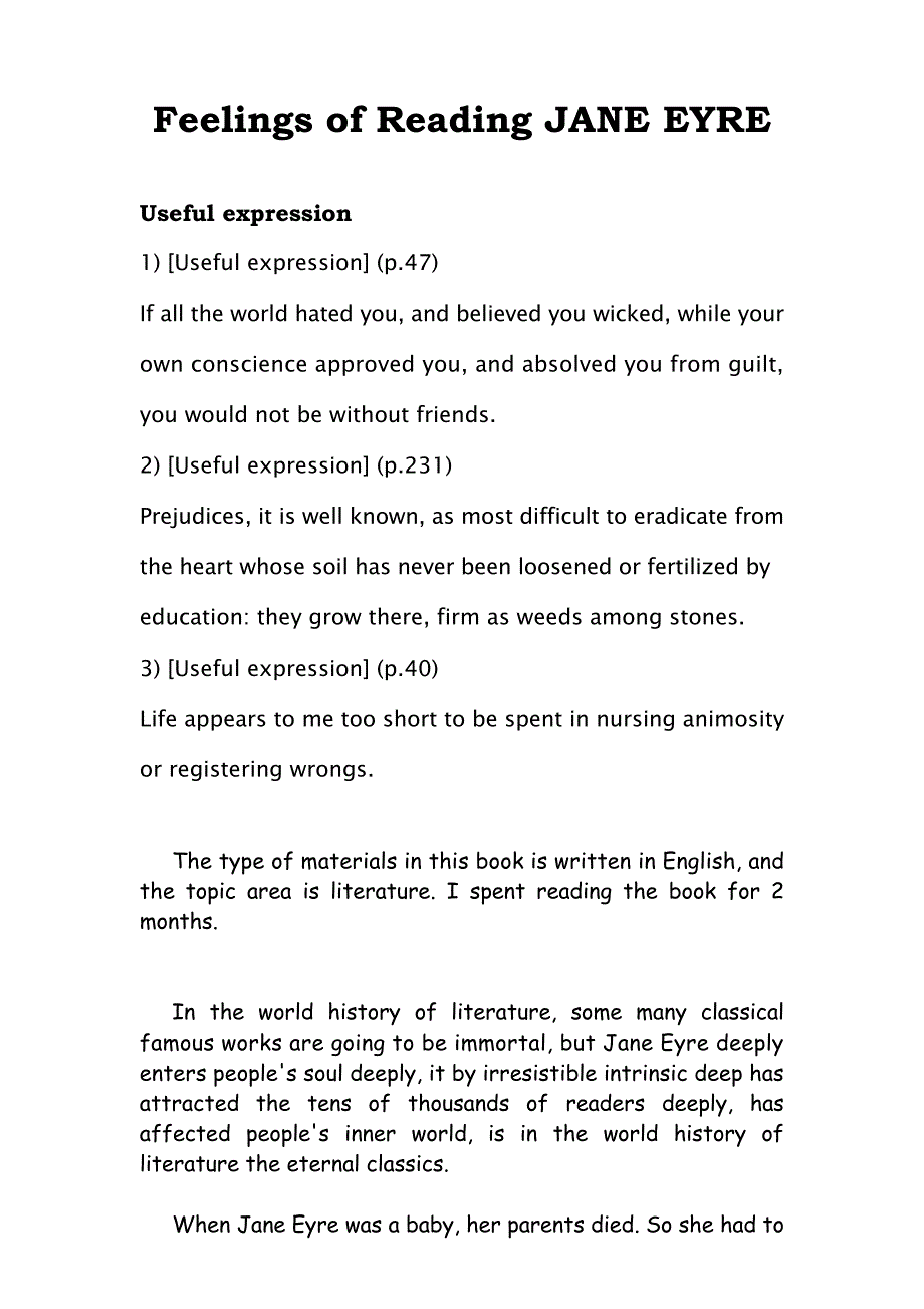 简爱世界名著全英文读后感全英文读书笔记英语专业大学本科_第1页