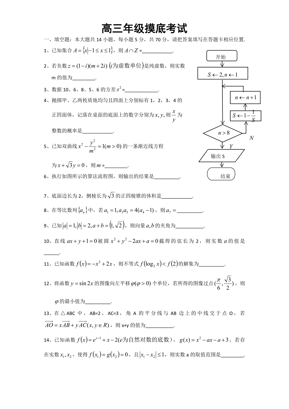 2016届宿迁高三年级摸底考试数学卷(word版含答案)_第1页