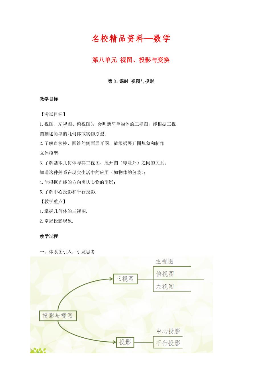 【名校精品】江西省 中考数学复习第8单元视图投影与变换第31课时视图与投影教案_第1页