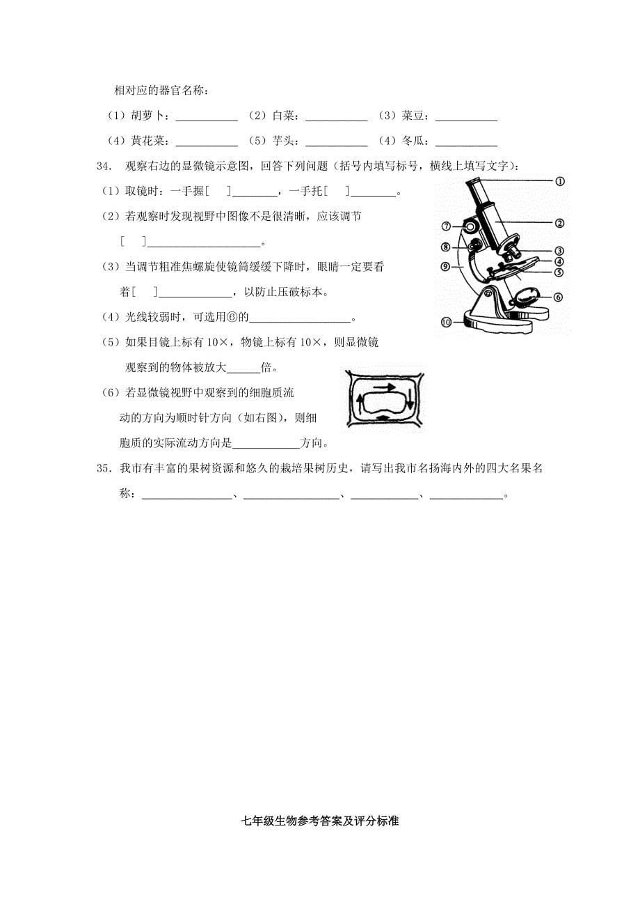 新人教版七年级生物上册期末调研检测试题1_第5页