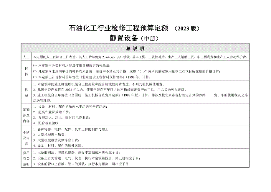 石油化工行业检修工程预算定额中册说明_第1页