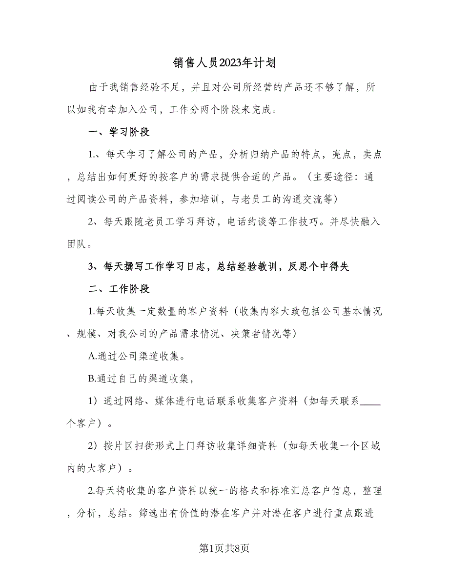 销售人员2023年计划（四篇）_第1页