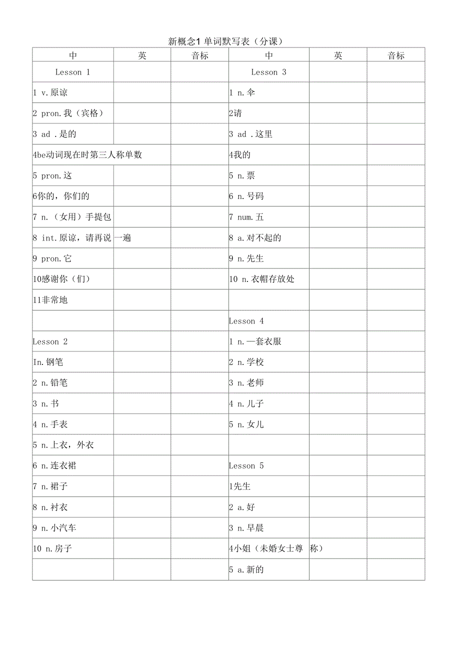 新概念1单词英译汉默写表_第1页