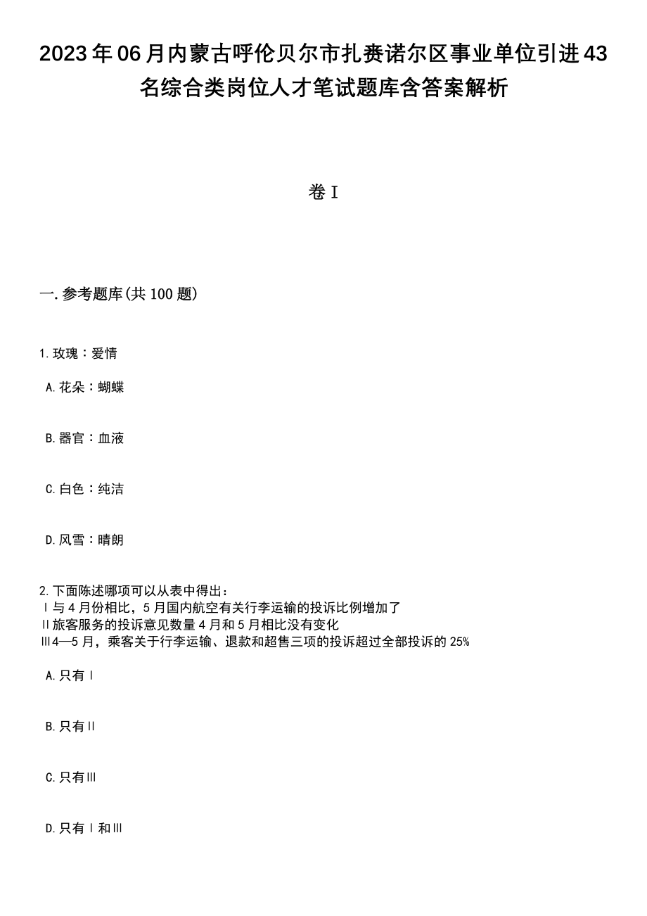 2023年06月内蒙古呼伦贝尔市扎赉诺尔区事业单位引进43名综合类岗位人才笔试题库含答案解析_第1页