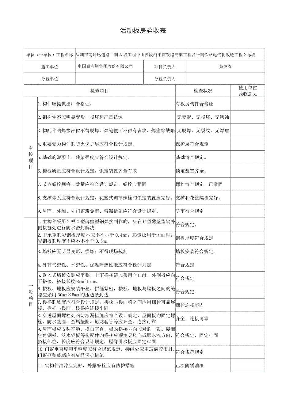 临时设施活动板房验收记录表_第1页