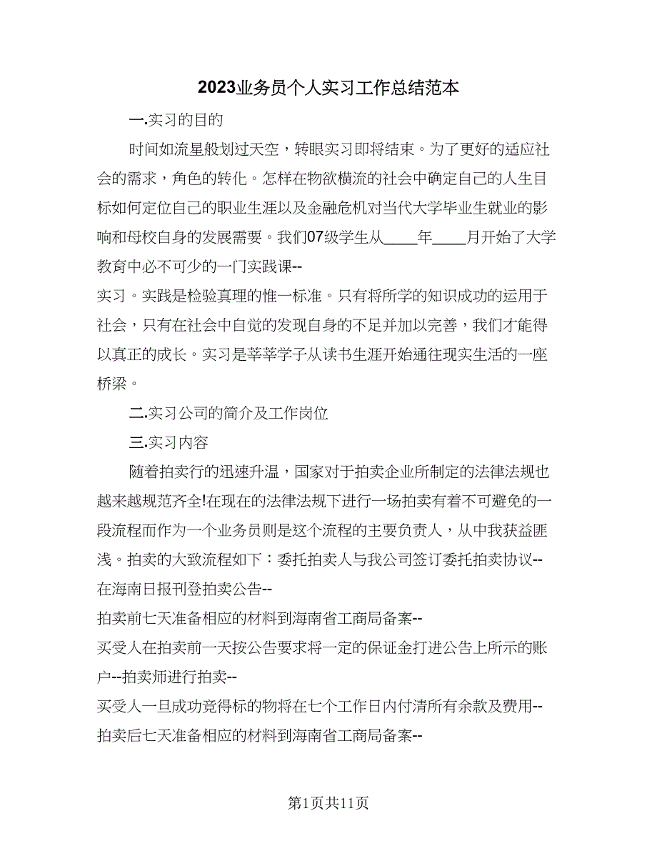 2023业务员个人实习工作总结范本（5篇）.doc_第1页