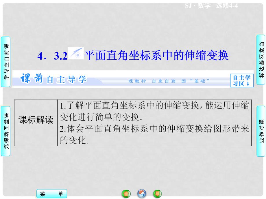 高中数学 4.3.2 平面直角坐标系中的伸缩变换同步备课课件 苏教版选修44_第1页