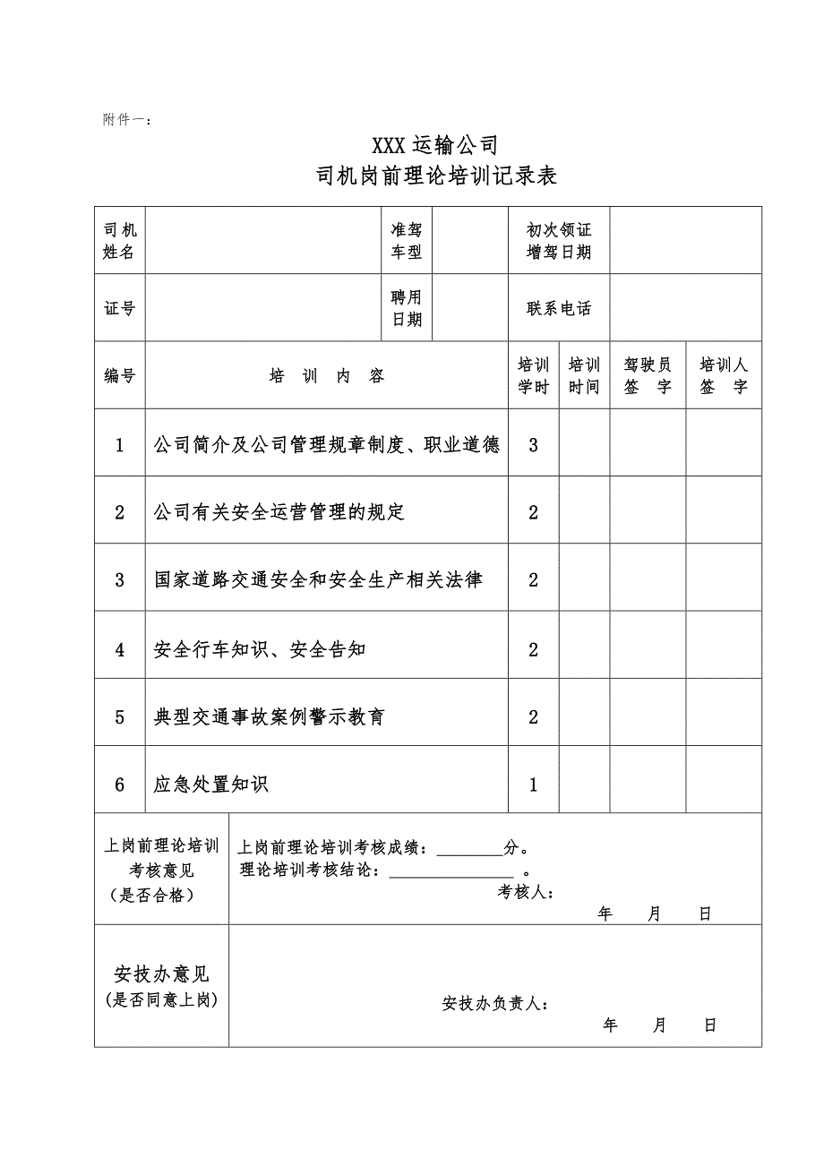 运输公司培训记录表_第1页