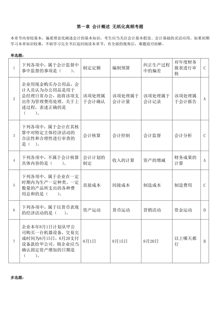 会计基础2014无纸化考试高频题(附答案)第一章会计概述_第1页