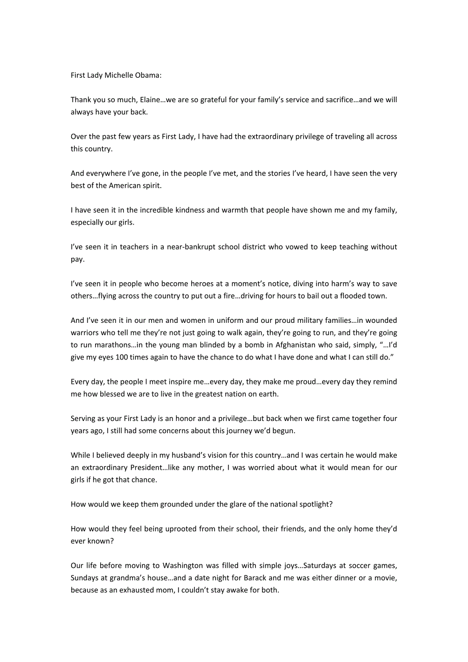 美国第一夫人米歇尔奥巴马2012年9月4日在民主党全国代表大会上的演讲.doc_第1页