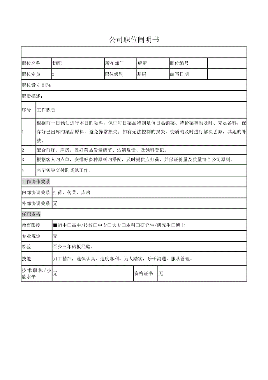 餐饮企业岗位基本职责专项说明书_第1页