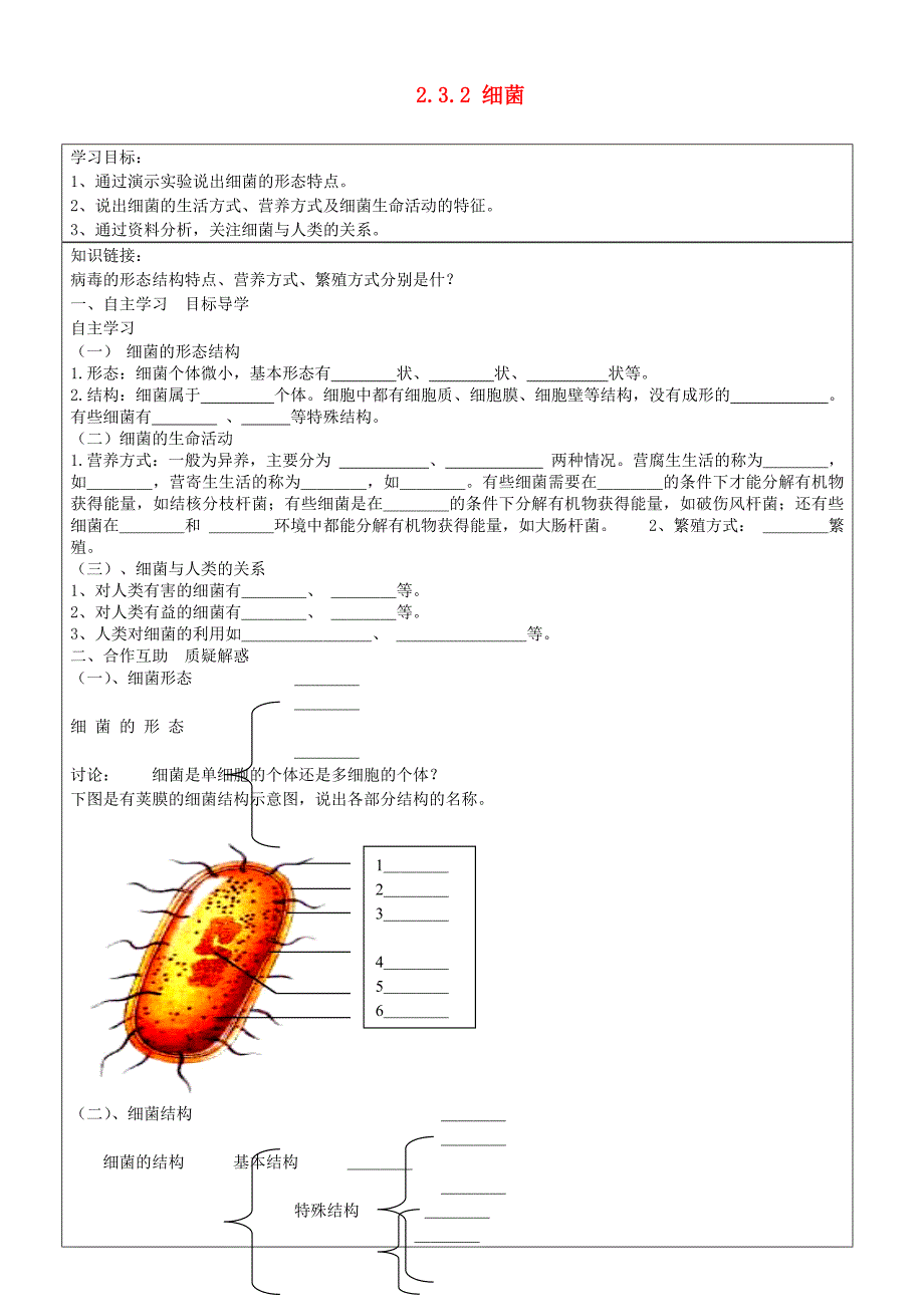 山东省长清区双泉中学七年级生物上册2.3.2细菌导学案无答案新版济南版_第1页