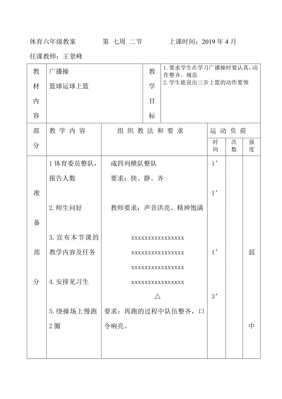 体育六年级教案 第 七周 二节 上课时间：2019年4月.doc_第1页