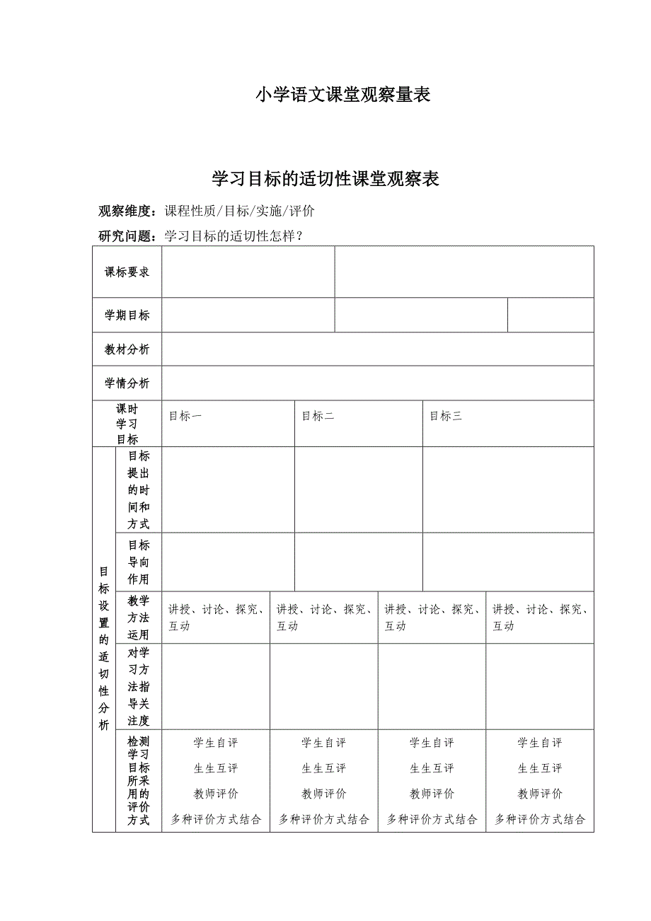 小学语文学科课堂观察量表_第1页